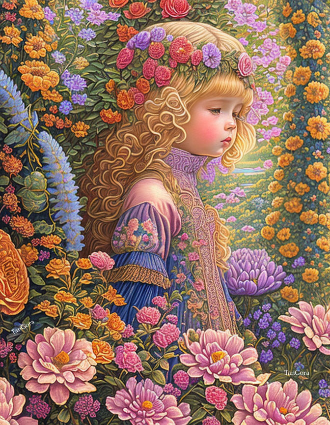 Young girl with golden curls in floral headband in vibrant garden.