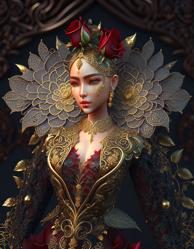 Detailed portrait of female figure with golden floral headdress and ornate red and gold attire.