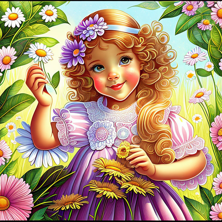 Colorful illustration of cheerful girl in purple dress among flowers