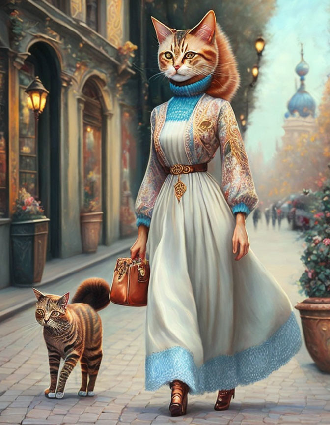 Vintage Clothing Humanoid Cat with Handbag Walking Alongside Another Cat in Old-World Street