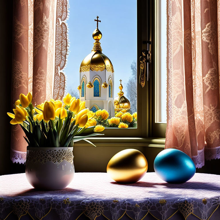 Colorful Easter table setting with tulips, eggs, and church view