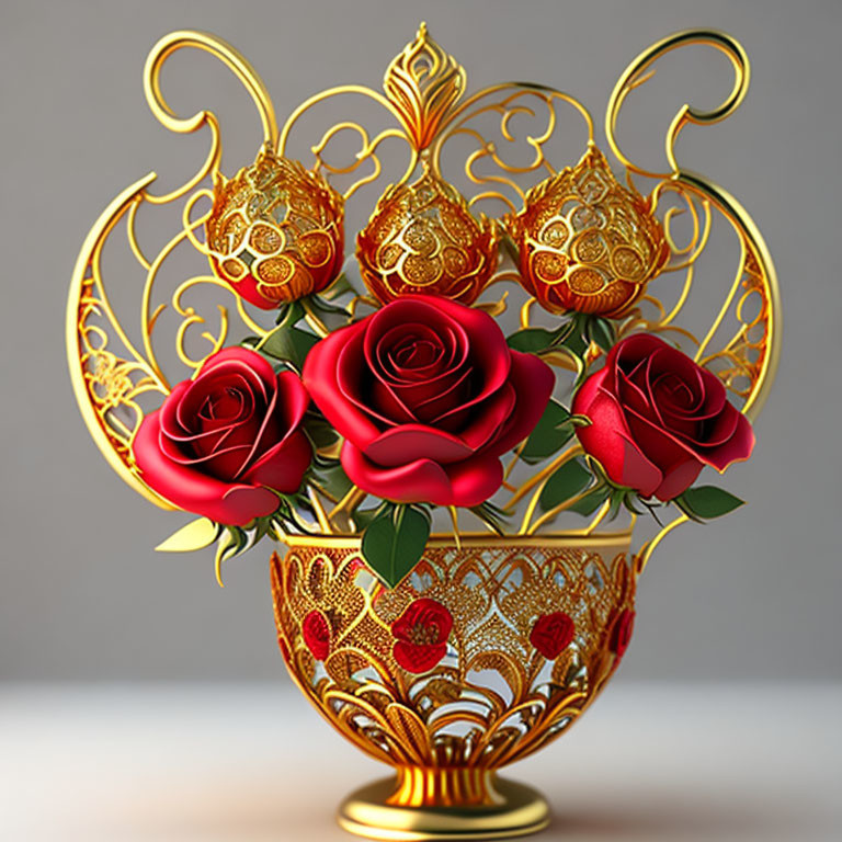 Golden vase with intricate designs and three red roses on neutral background