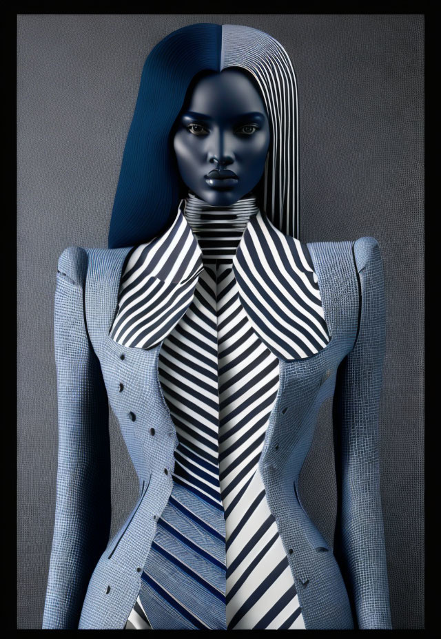 Blue-skinned figure in striped jacket on grey background