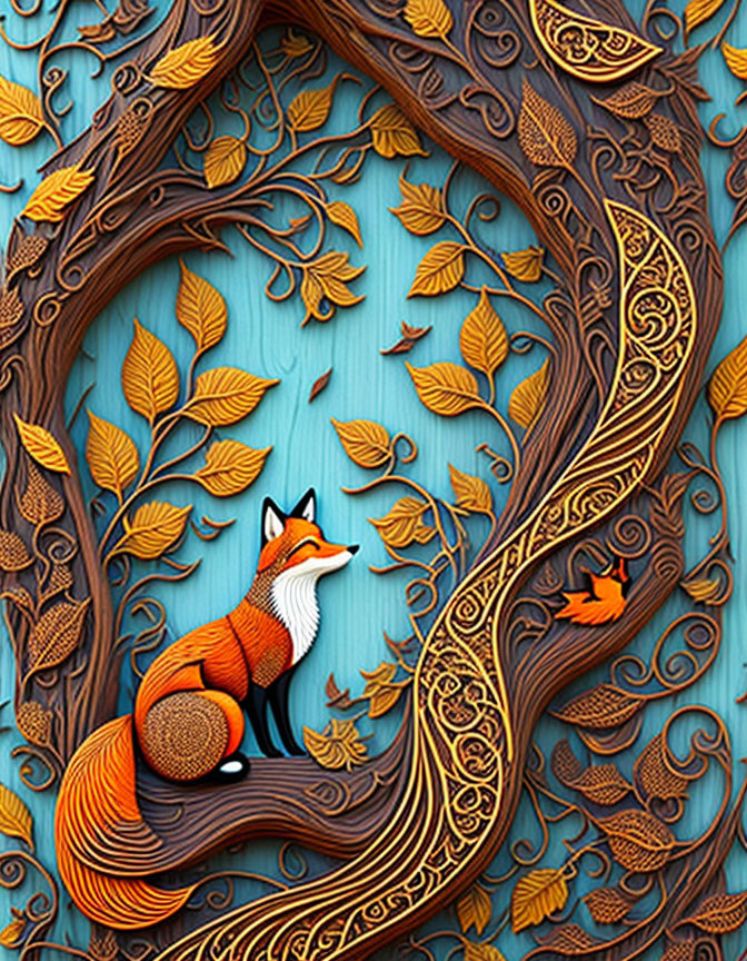 Intricately Carved Wooden Fox Image on Turquoise Background