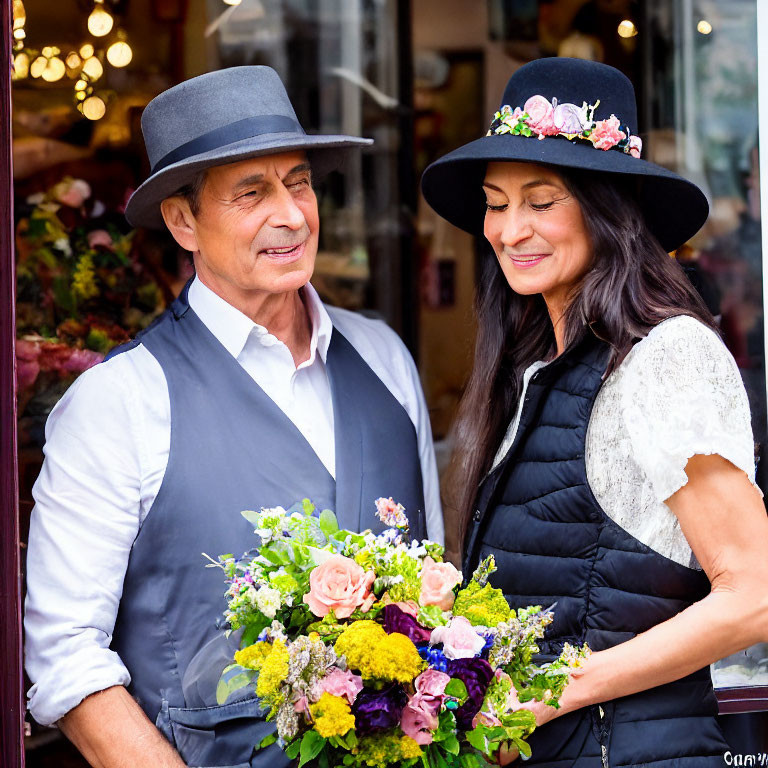 Stylish couple with bouquet in front of flower shop