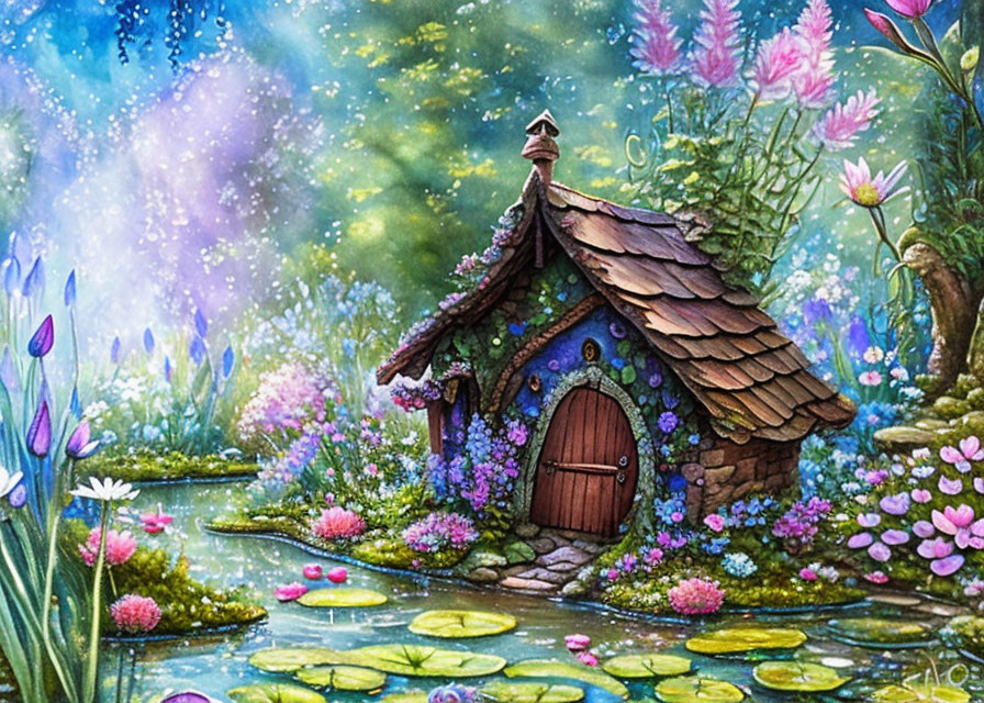 Illustration of Fairytale Cottage with Thatched Roof and Tranquil Pond