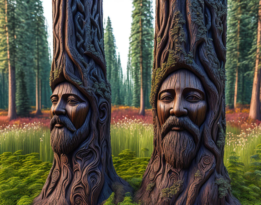 Anthropomorphic tree trunks with bearded faces in a forest