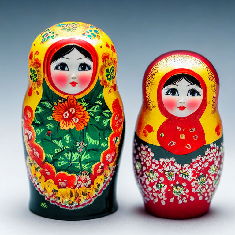 Traditional Russian Matryoshka Dolls with Floral Patterns on Grey Background