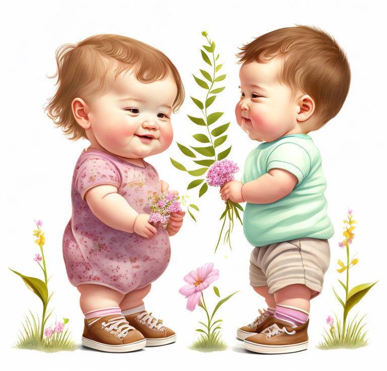 Cartoon toddlers exchanging flowers in a garden scene