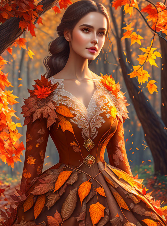 Illustrated woman in autumn dress surrounded by golden foliage