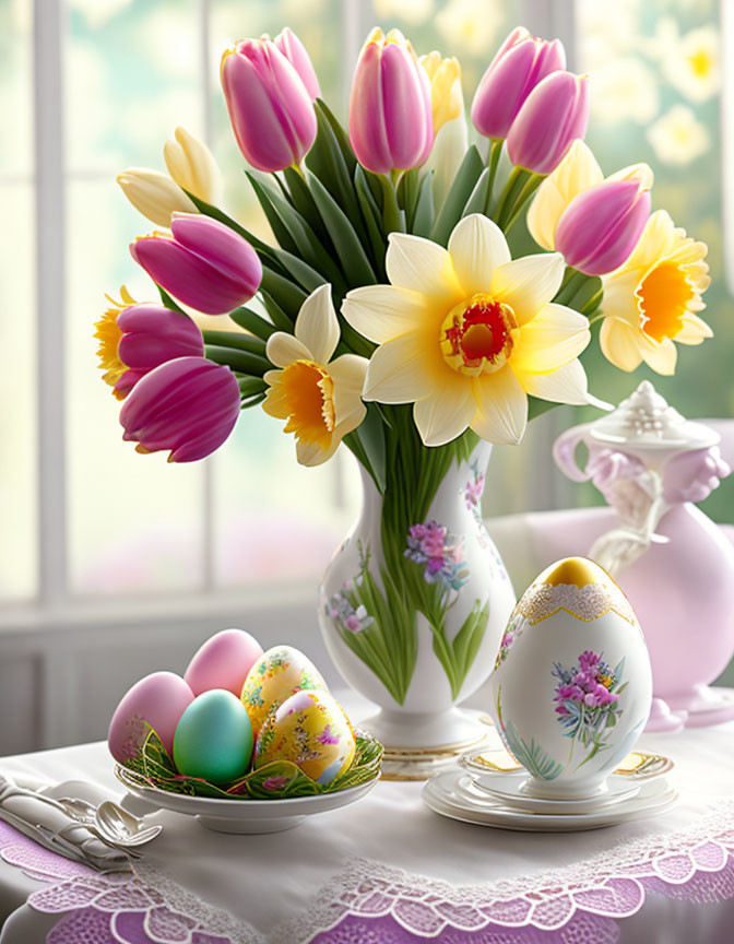 Colorful Easter-themed floral arrangement and eggs by sunny window