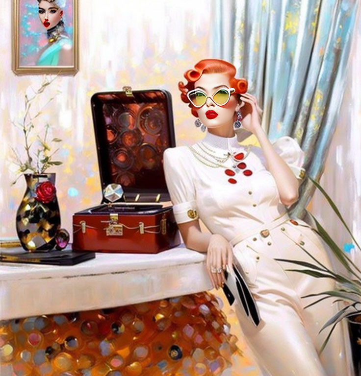 Vintage fashion illustration: Red-haired woman in glamorous attire with oversized sunglasses and pearl earrings, seated near open