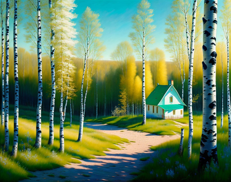 Tranquil painting of small house in sunlit birch forest