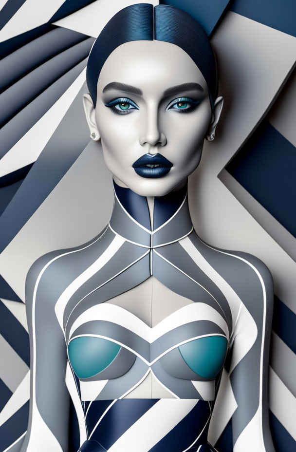 Stylized 3D illustration of female figure with blue skin and geometric patterns