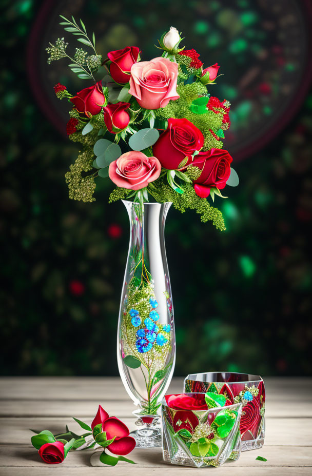 Red roses bouquet in tall vase with detached rose on table