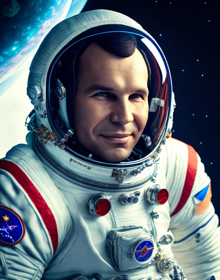 Smiling astronaut in vintage space suit with reflective helmet visor