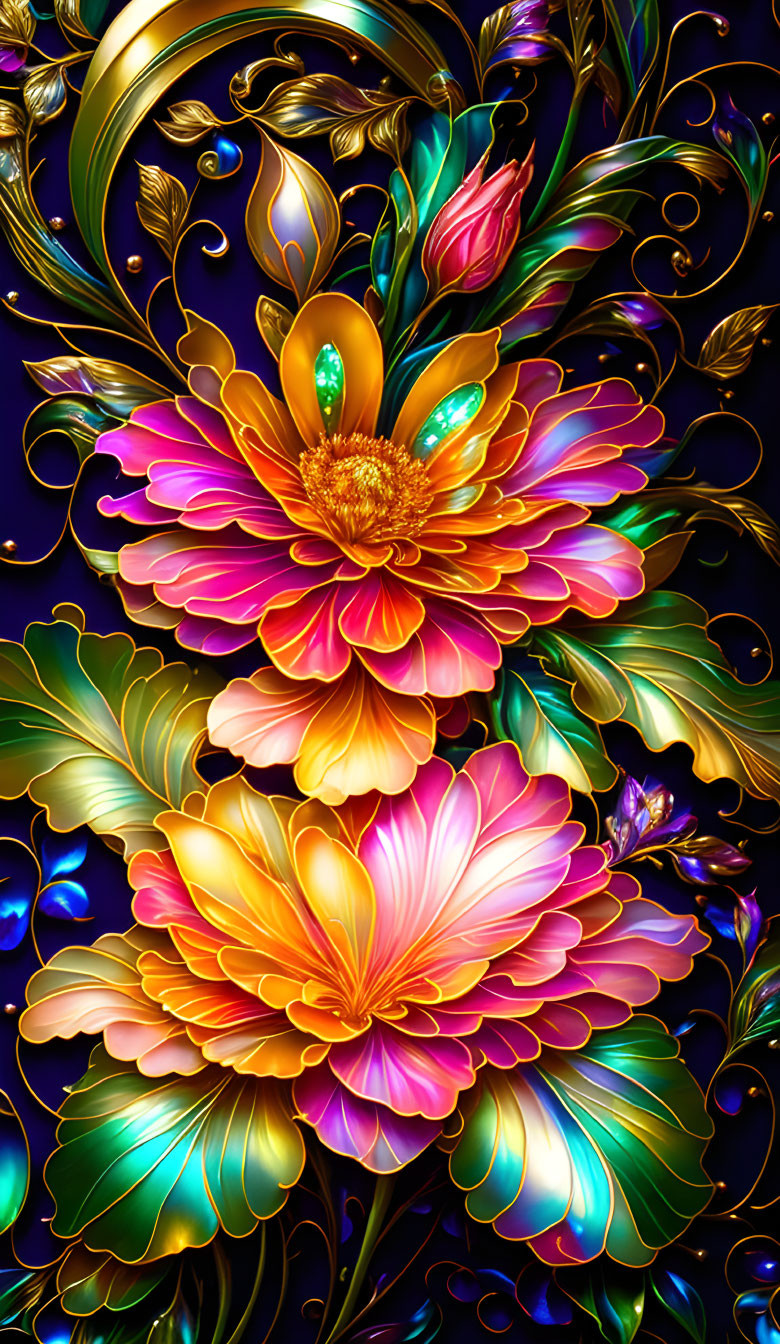 Colorful stylized flower with golden details on dark backdrop