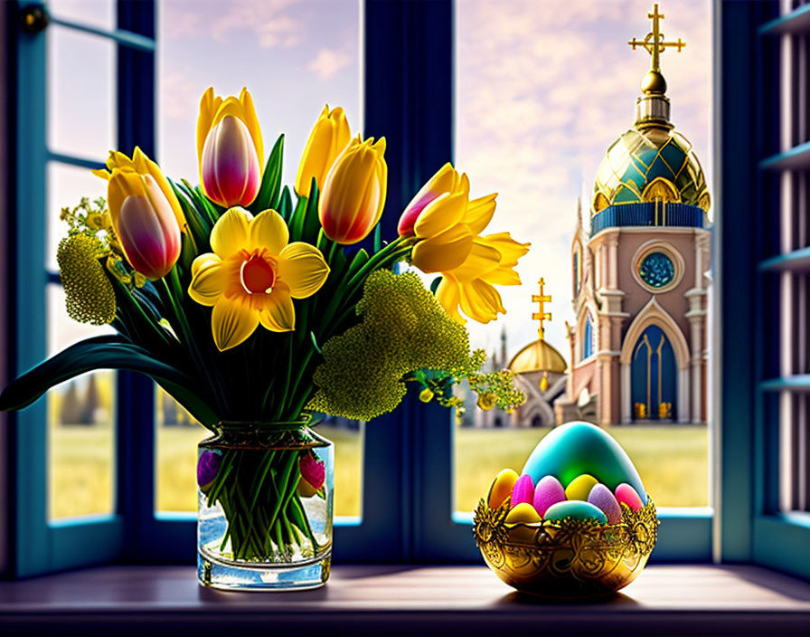 Yellow tulips and daffodils in a vase on a windowsill with a painted egg,