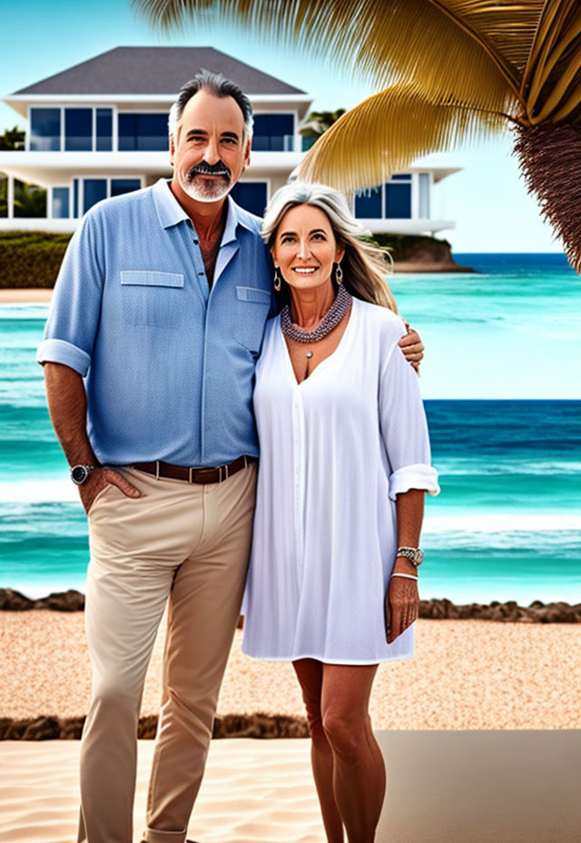 Smiling couple at beach house with palm trees and turquoise sea