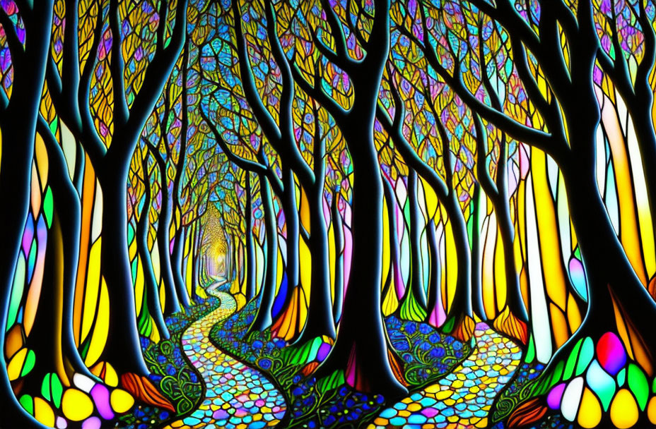 Colorful Stylized Forest Scene with Bright Path