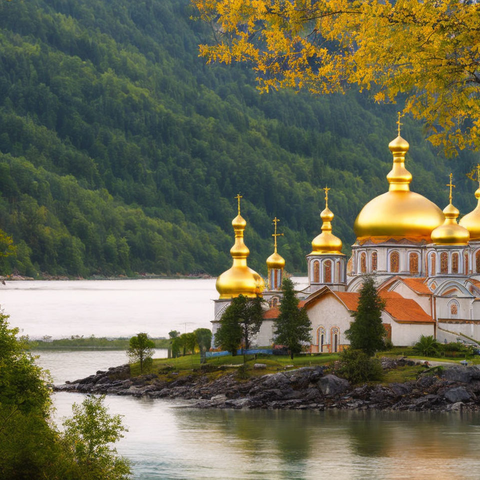 Golden-domed Church by River with Autumn Trees and Mountain Backdrop