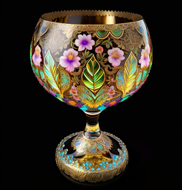 Colorful Glass Goblet with Floral and Gold Patterns on Black Background