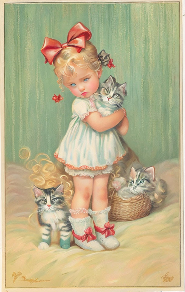 Little girl with a kitten, vintage postcard