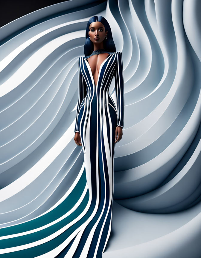 Digital artwork: Woman in striped gown on geometric spiral backdrop