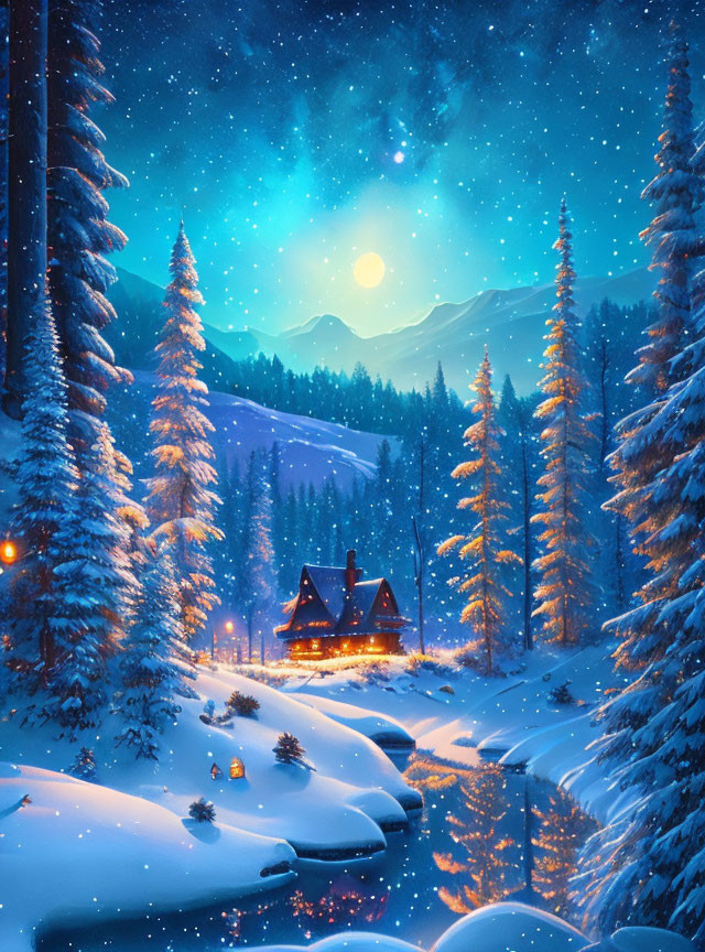 Snowy winter landscape: Cozy cabin, warm lights, moon, stars, pine trees