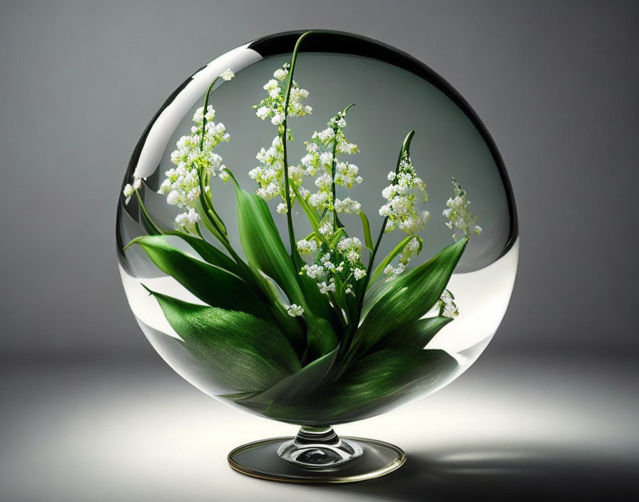 Crystal Sphere with 3D White Flowers & Green Leaves Art Installation