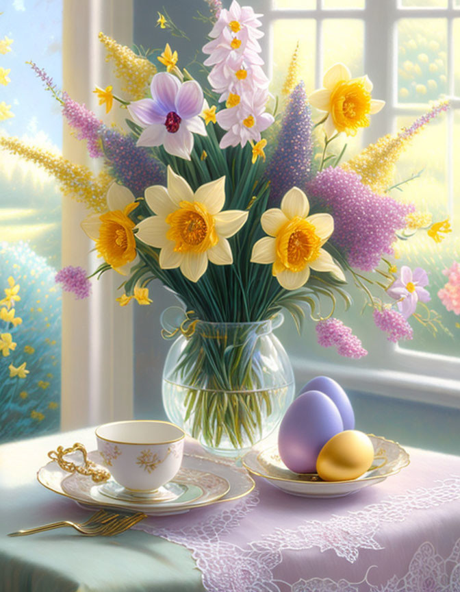 Colorful Spring Flowers with Easter Eggs and Teacup Set by Window