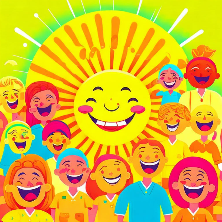 Colorful Illustration: Smiling Sun & Happy Faces in Bold Colors