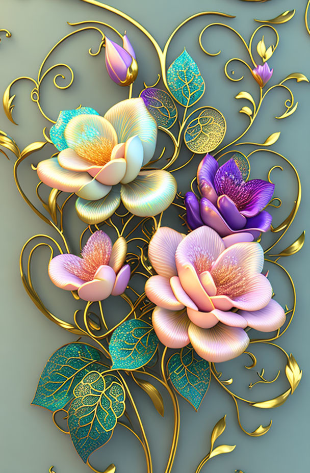 Detailed 3D digital artwork of gold botanical motifs with iridescent flowers