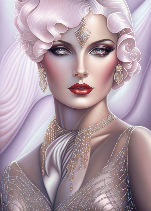 Illustrated portrait of woman with pink wavy hair, dramatic makeup, sparkly jewelry, beaded