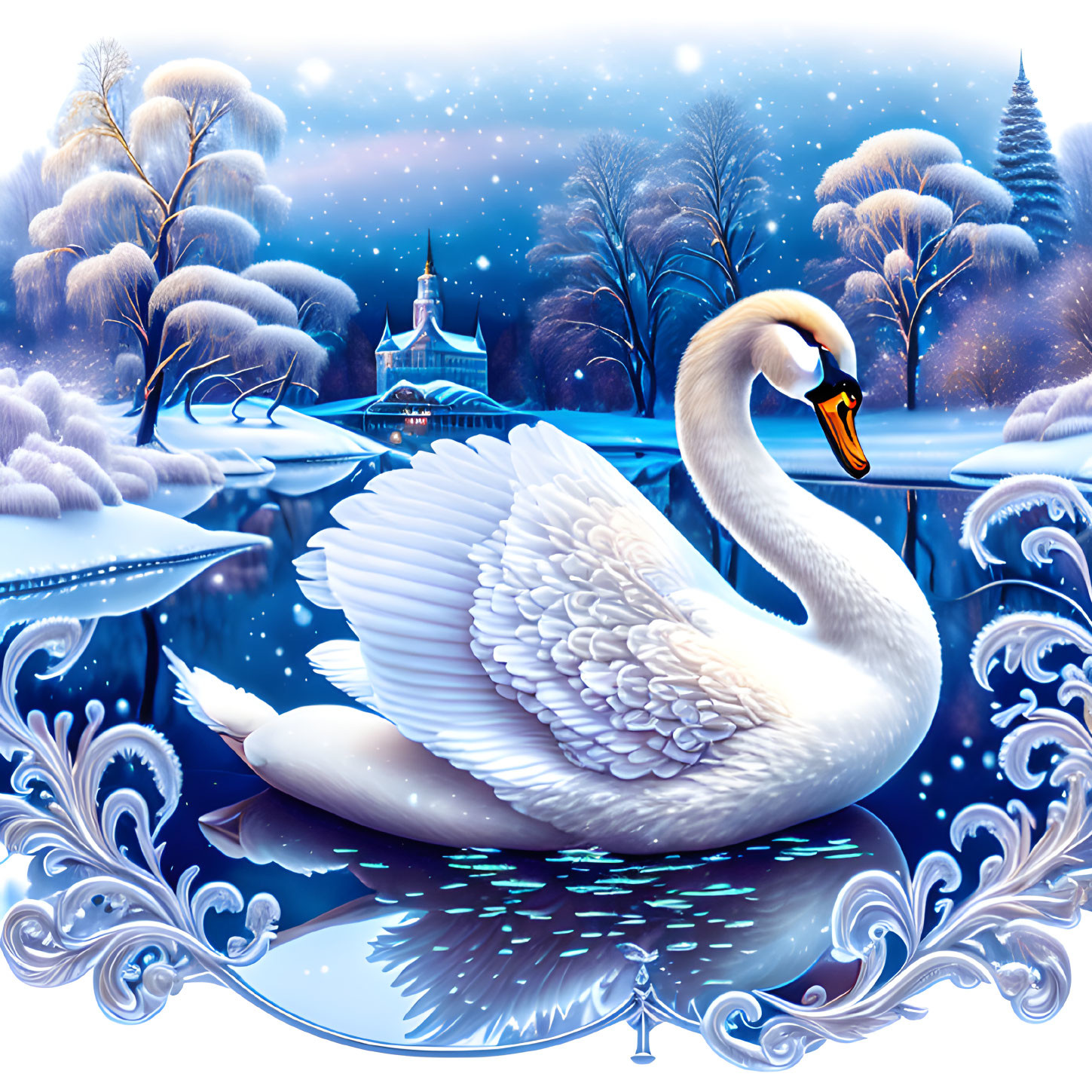 Graceful swan on frozen lake with snowfall, icy patterns, snowy trees, and castle.