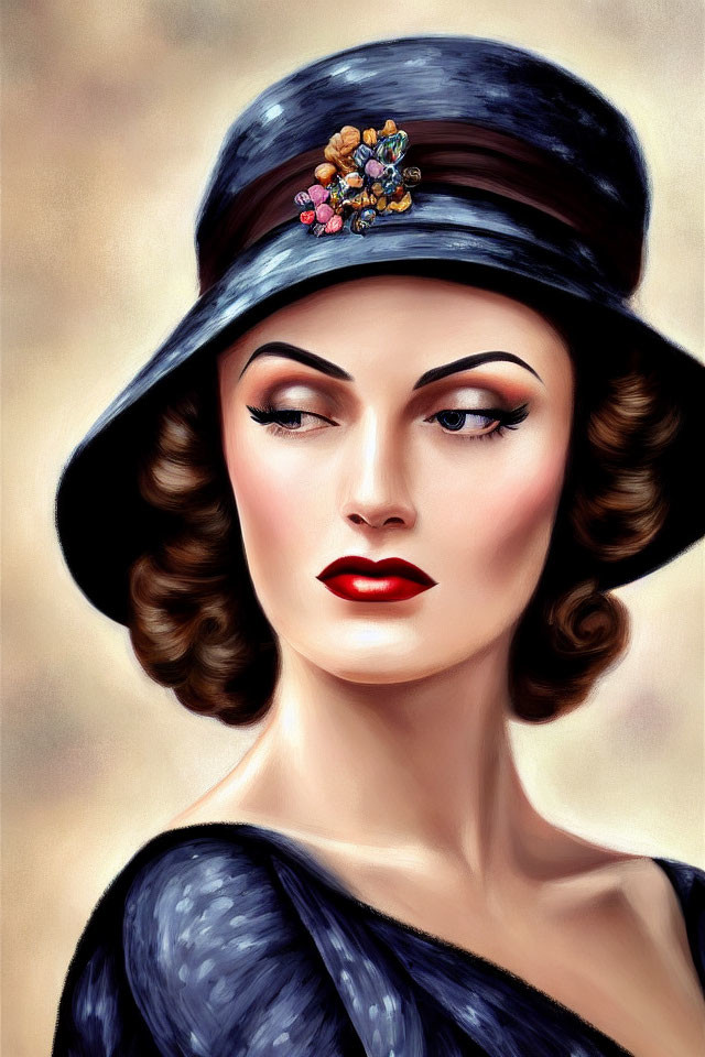 Vintage-Style Woman Portrait with Decorated Hat and Bold Red Lipstick