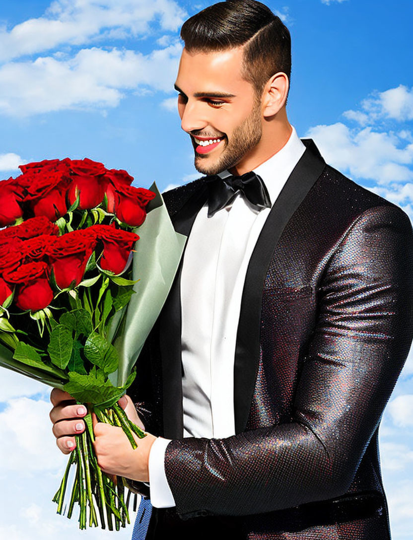 Smiling man in sparkling tuxedo with red roses under blue sky