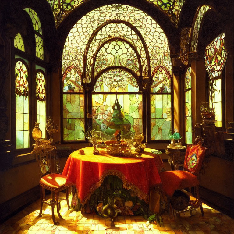 Luxurious Room with Stained Glass Windows and Lavish Tea Service