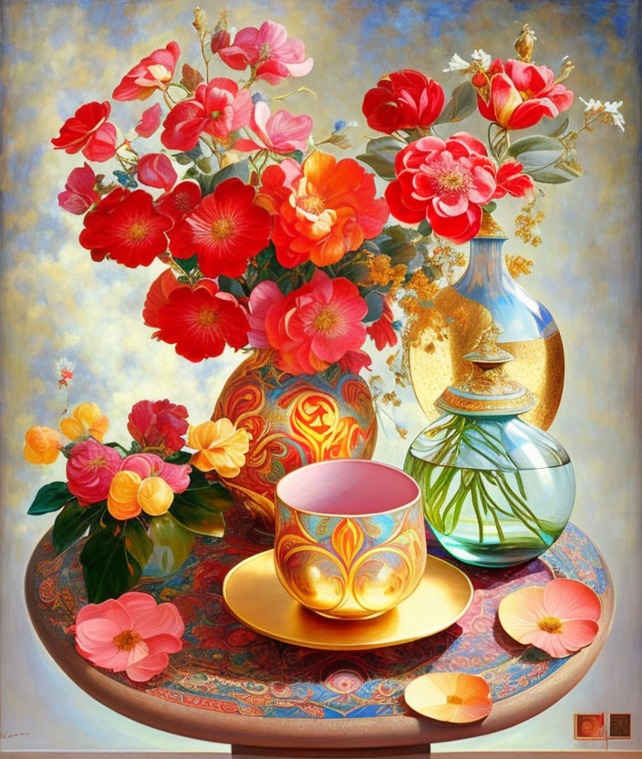 Colorful still life painting with red and pink flowers, patterned bowl, plate, and scattered petals