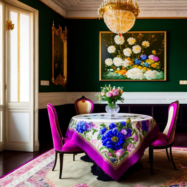 Colorful Dining Room with Crystal Chandelier and Floral Decor