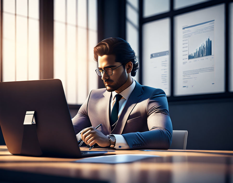 Businessman in suit working on laptop in office with charts and sunlight.