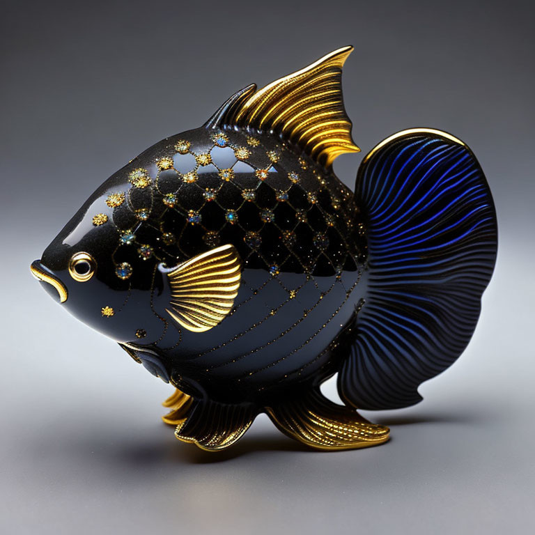 Black Fish Figurine with Golden Accents and Detailed Textures