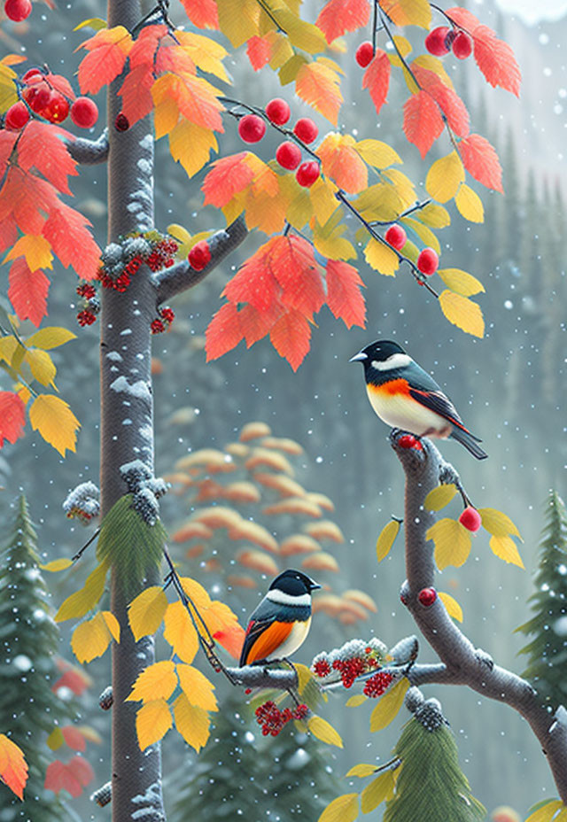 Birds on branch with red and yellow leaves and falling snow