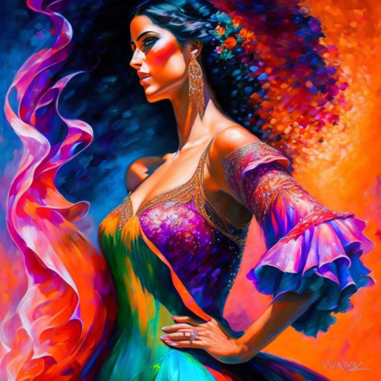 Colorful painting of a woman with flowing hair and vibrant dress, adorned with flowers and jewelry.