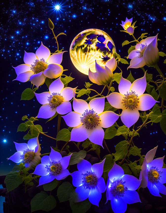 Purple and White Flowers with World Map Sphere under Starry Night Sky