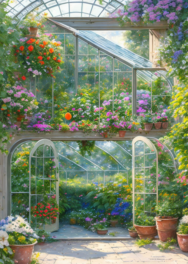 Greenhouse with arched glass doors filled with colorful flowers and plants