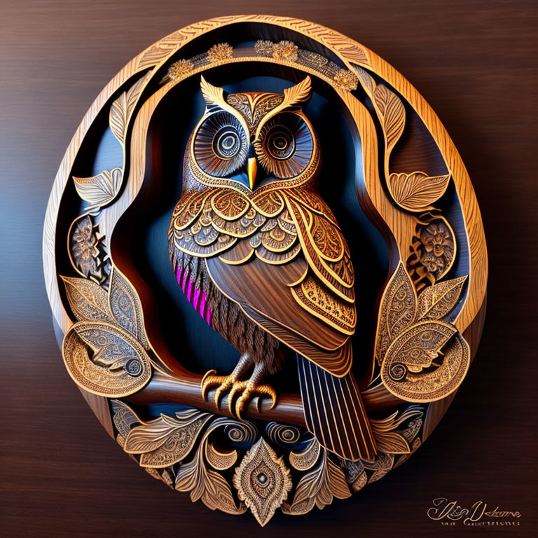 Wooden Wall Art: Intricate Owl Design with Floral and Leaf Pattern