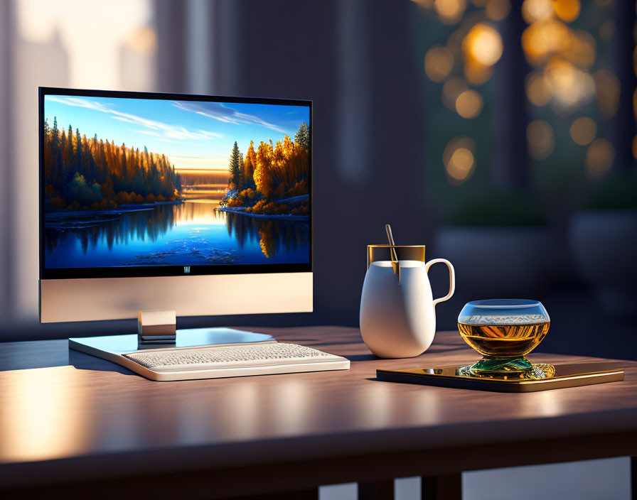 Contemporary workspace with forest wallpaper, tea cup, and pitcher on wooden desk