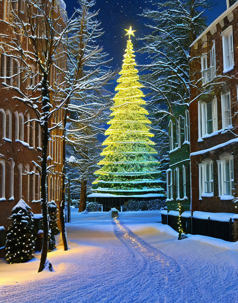 Illuminated Christmas tree in snowy night street.