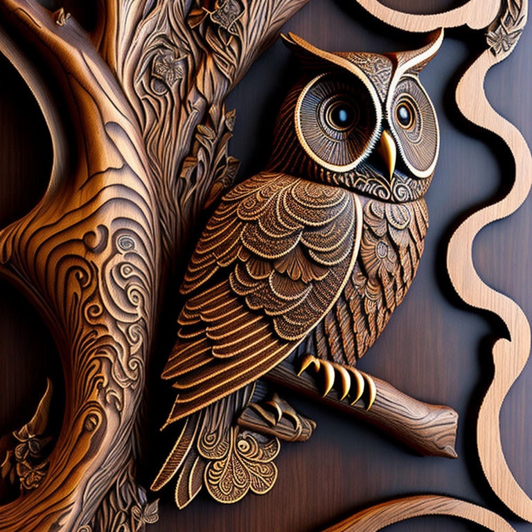 Detailed Wooden Owl Carving on Branch with Feathers & Patterns